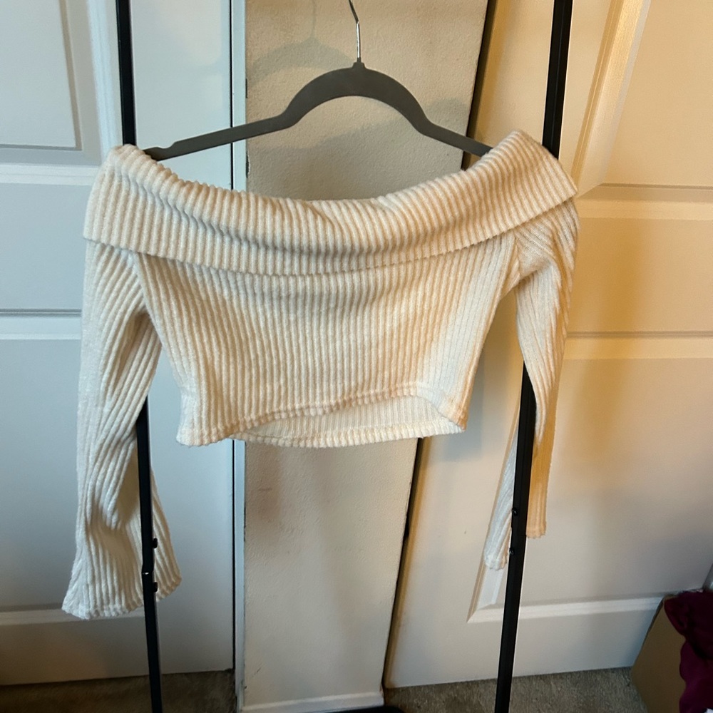 Never Worn Thrifted Off-Shoulder Ribbed Knit Sweater